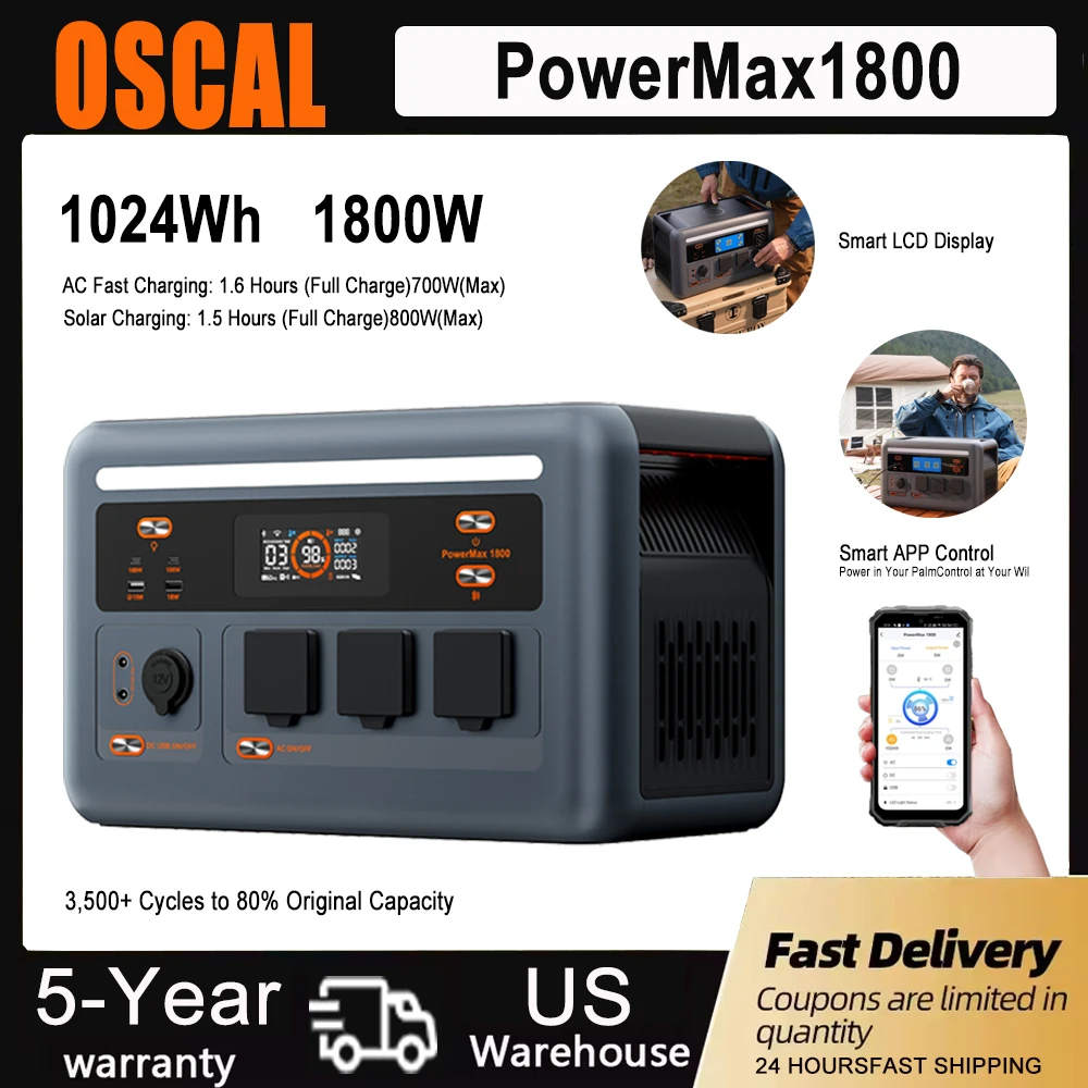 OSCAL Outdoor Generator 1800W 1024Wh Pure Sine Wave Smart APP Control Portable Power Station Quiet Power For Outside Activities
OSCAL Outdoor Generator 1800W 1024Wh Pure Sine Wave Smart APP Control Portable Power Station Quiet Power For Outside Activities