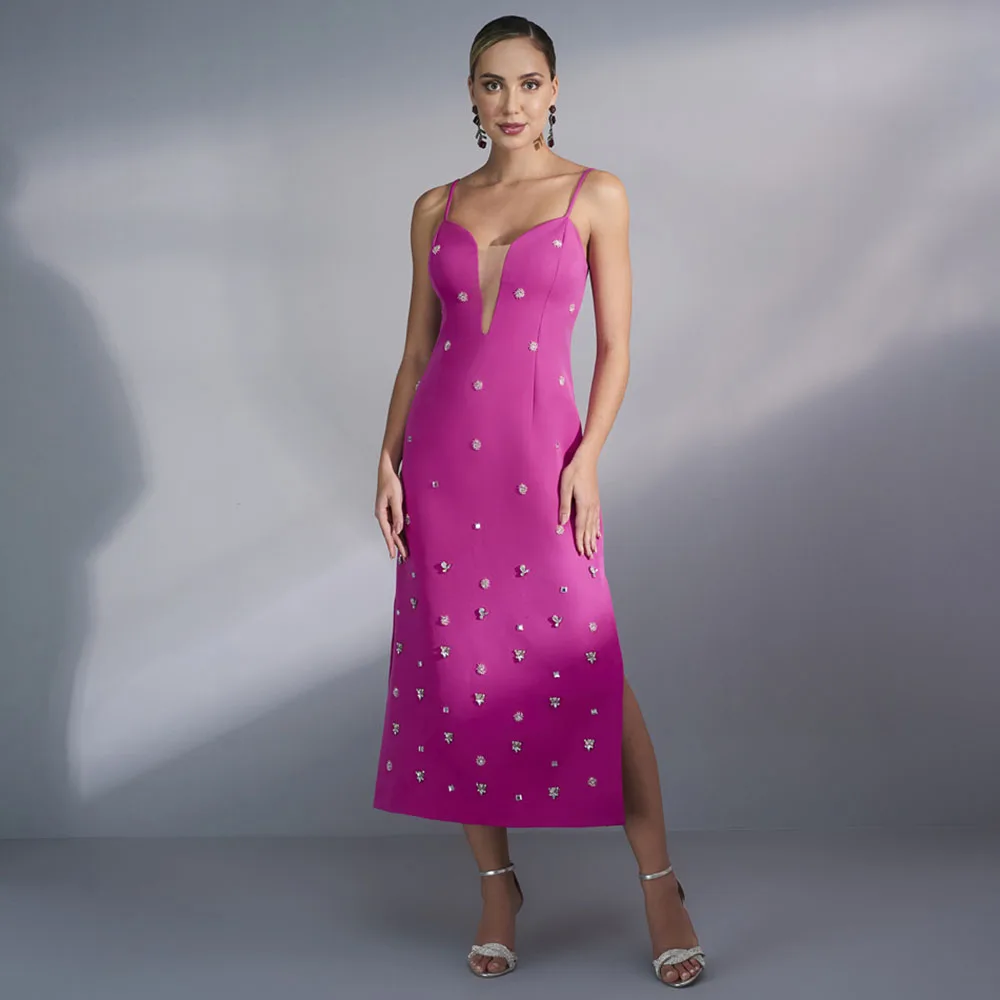 Luxury Wedding Party Dresses Hot Pink Crystals Deep V Neck Spaghetti Straps Cocktail Gowns Midi Tea Length Column Formal Dress
Luxury Wedding Party Dresses Hot Pink Crystals Deep V Neck Spaghetti Straps Cocktail Gowns Midi Tea Length Column Formal Dress