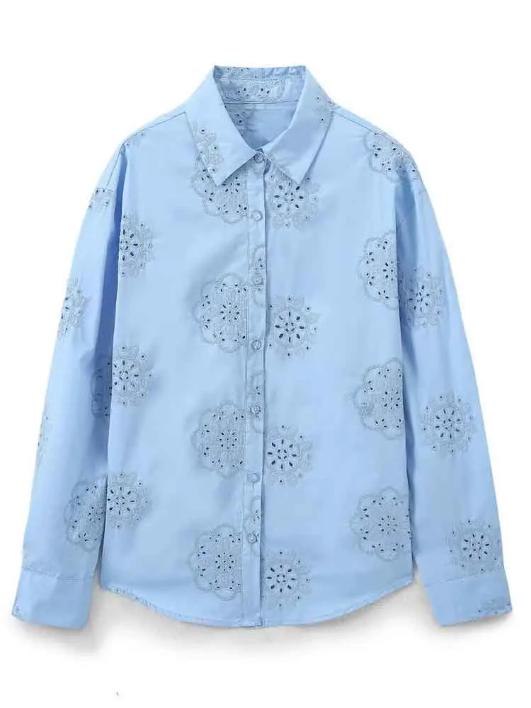 European style new women's all-match long-sleeved lapel pressed glue hollow embroidery decorated poplin shirt
European style new women's all-match long-sleeved lapel pressed glue hollow embroidery decorated poplin shirt