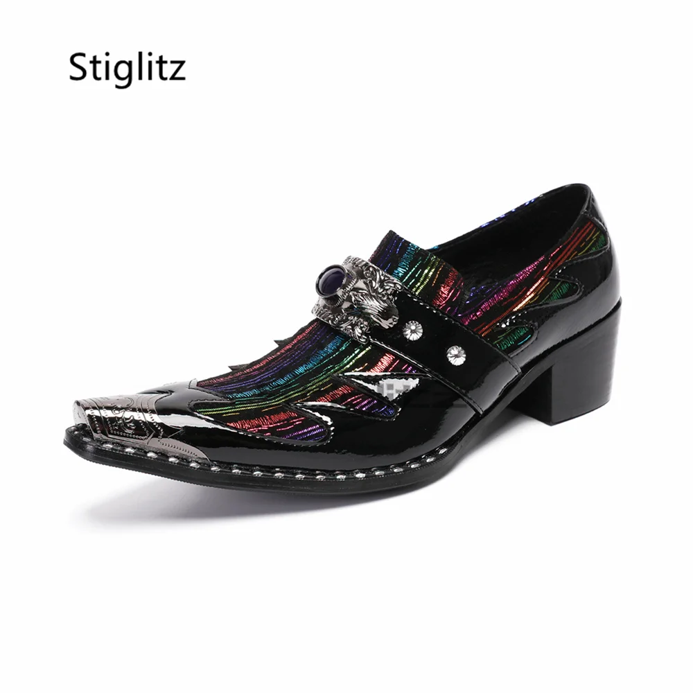 Men's Totem Patchwork High Heels Loafers Rainbow Stripe Gem Buckle Strap Dress Pointed Metal Toe Genuine Leather Party Shoes
Men's Totem Patchwork High Heels Loafers Rainbow Stripe Gem Buckle Strap Dress Pointed Metal Toe Genuine Leather Party Shoes