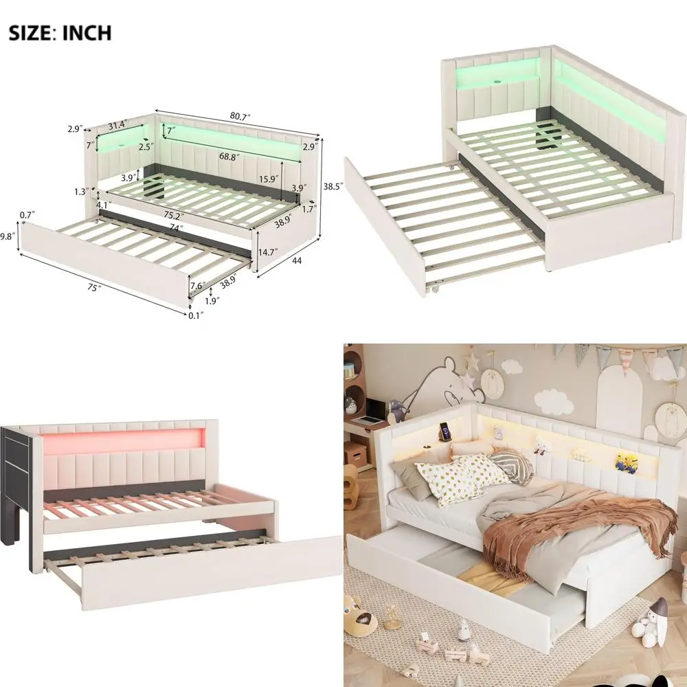 White L-Shaped Twin Daybed with Trundle, Bookcase, LED Belt, USB Ports, and Storage for Teens
White L-Shaped Twin Daybed with Trundle, Bookcase, LED Belt, USB Ports, and Storage for Teens