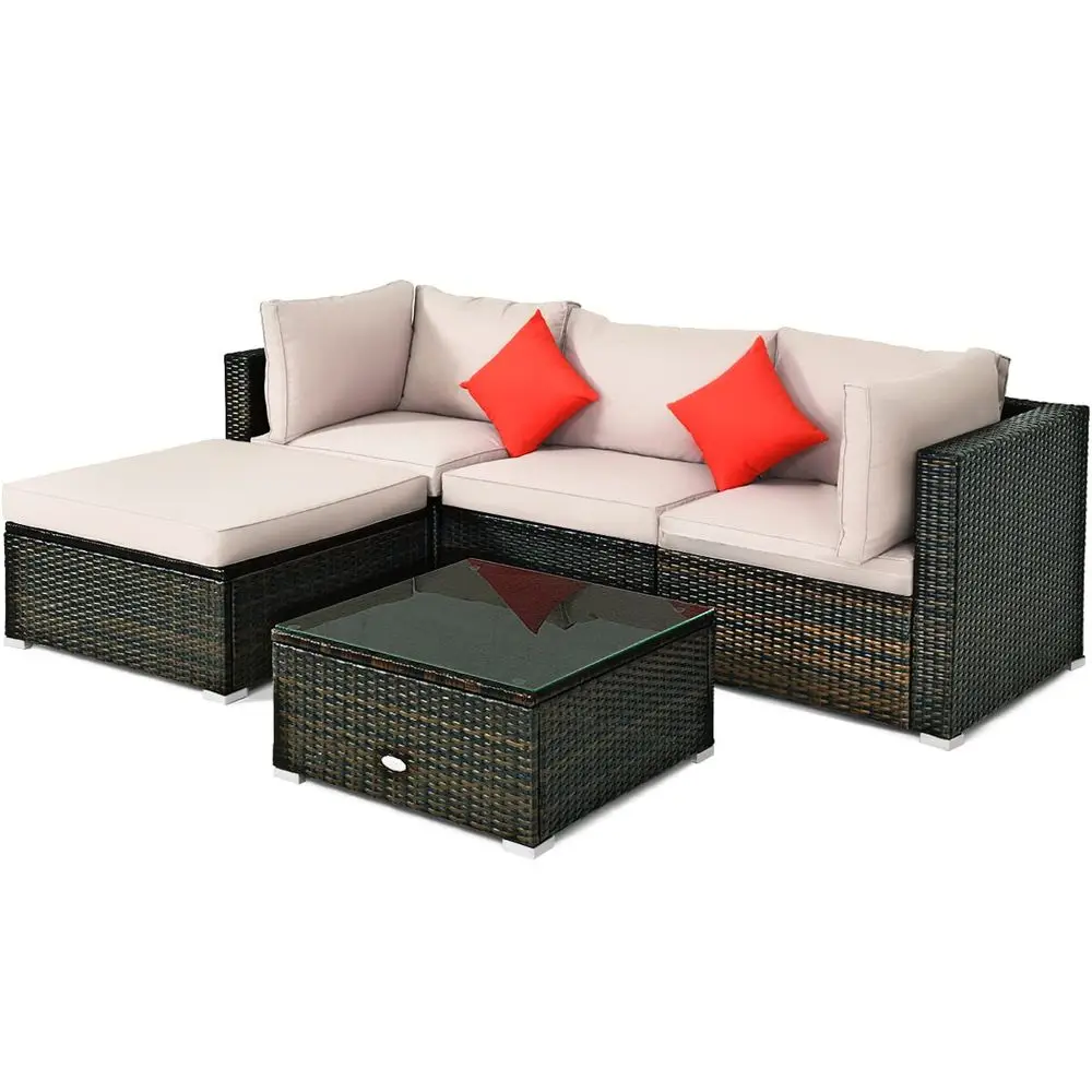 5Piece Outdoor Patio Furniture Set, Glass Top Coffee Table and Lounge Sofa with Cushions, PE Rattan Conversation Set for Garden
5Piece Outdoor Patio Furniture Set, Glass Top Coffee Table and Lounge Sofa with Cushions, PE Rattan Conversation Set for Garden