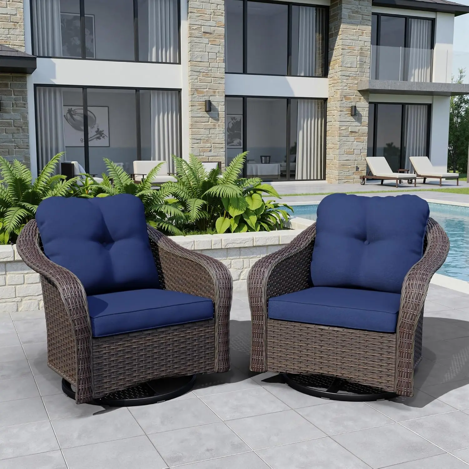 Комплект из 2 садовых кресел-качалок из коричневого ротанга с водостойкими синими подушками, на заказ
Комплект из 2 садовых кресел-качалок из коричневого ротанга с водостойкими синими подушками, на заказ