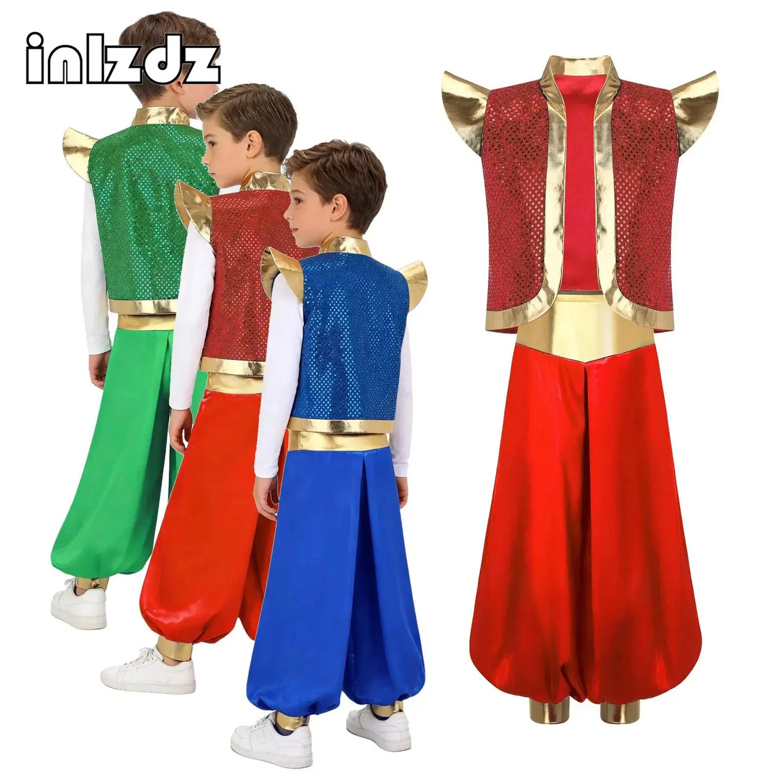 Boys 2 Pieces Arabian Cosplay Costumes Sequins Metallic Arabian Vest with High Waist Loose Pant Set for Halloween Cosplay Party
Boys 2 Pieces Arabian Cosplay Costumes Sequins Metallic Arabian Vest with High Waist Loose Pant Set for Halloween Cosplay Party