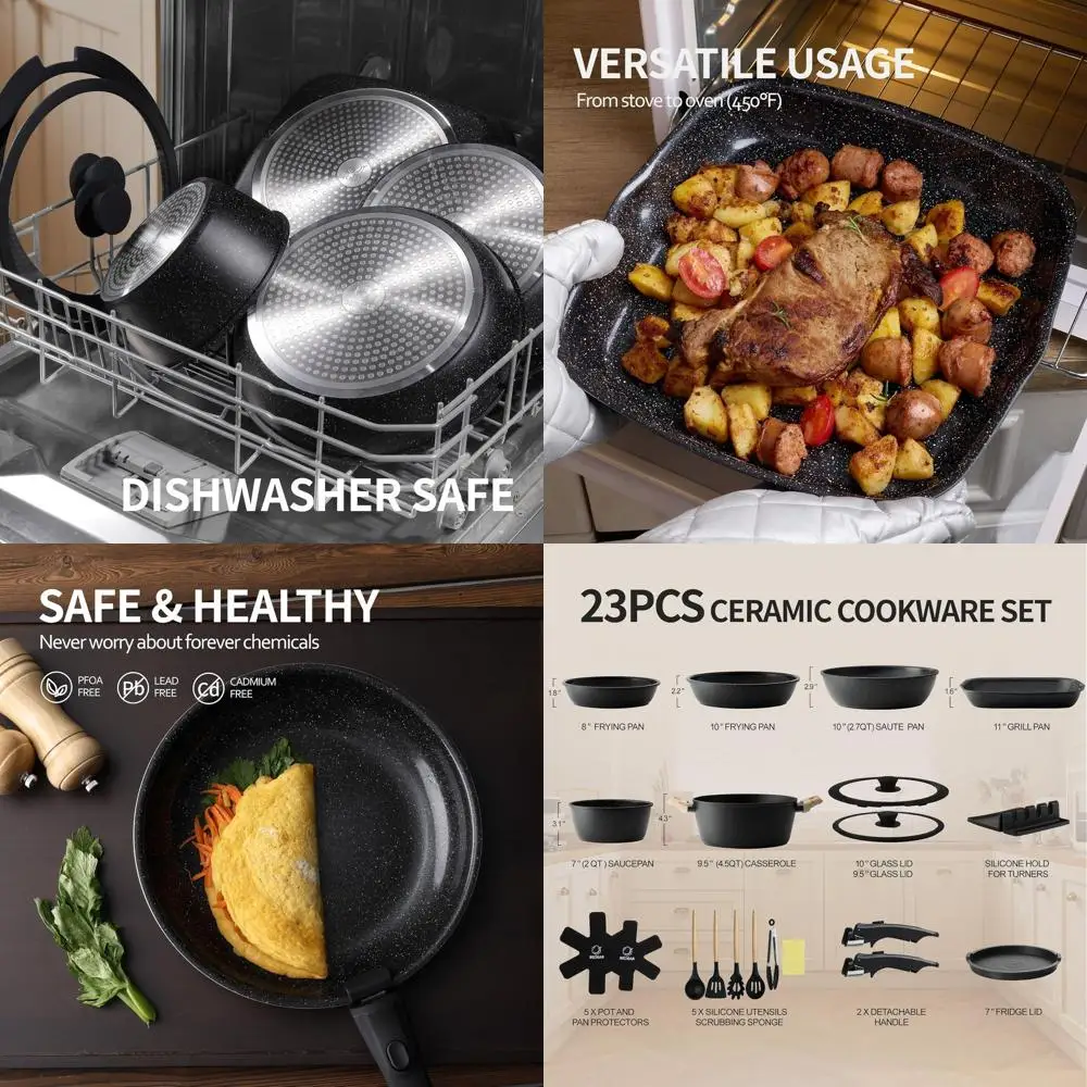 Black 23-Piece Detachable Handle Ceramic Cookware Set, Oven-Safe Nonstick Induction Cookware with Frying Pans & Saucepans
Black 23-Piece Detachable Handle Ceramic Cookware Set, Oven-Safe Nonstick Induction Cookware with Frying Pans & Saucepans
