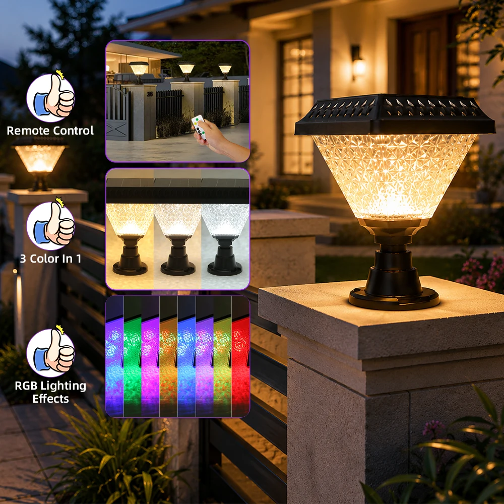 Outdoor Solar Pillar light Remote Control Waterproof Post top light for yard Garden Sunlight for Fence Pathway RGB or 3 colors
Outdoor Solar Pillar light Remote Control Waterproof Post top light for yard Garden Sunlight for Fence Pathway RGB or 3 colors