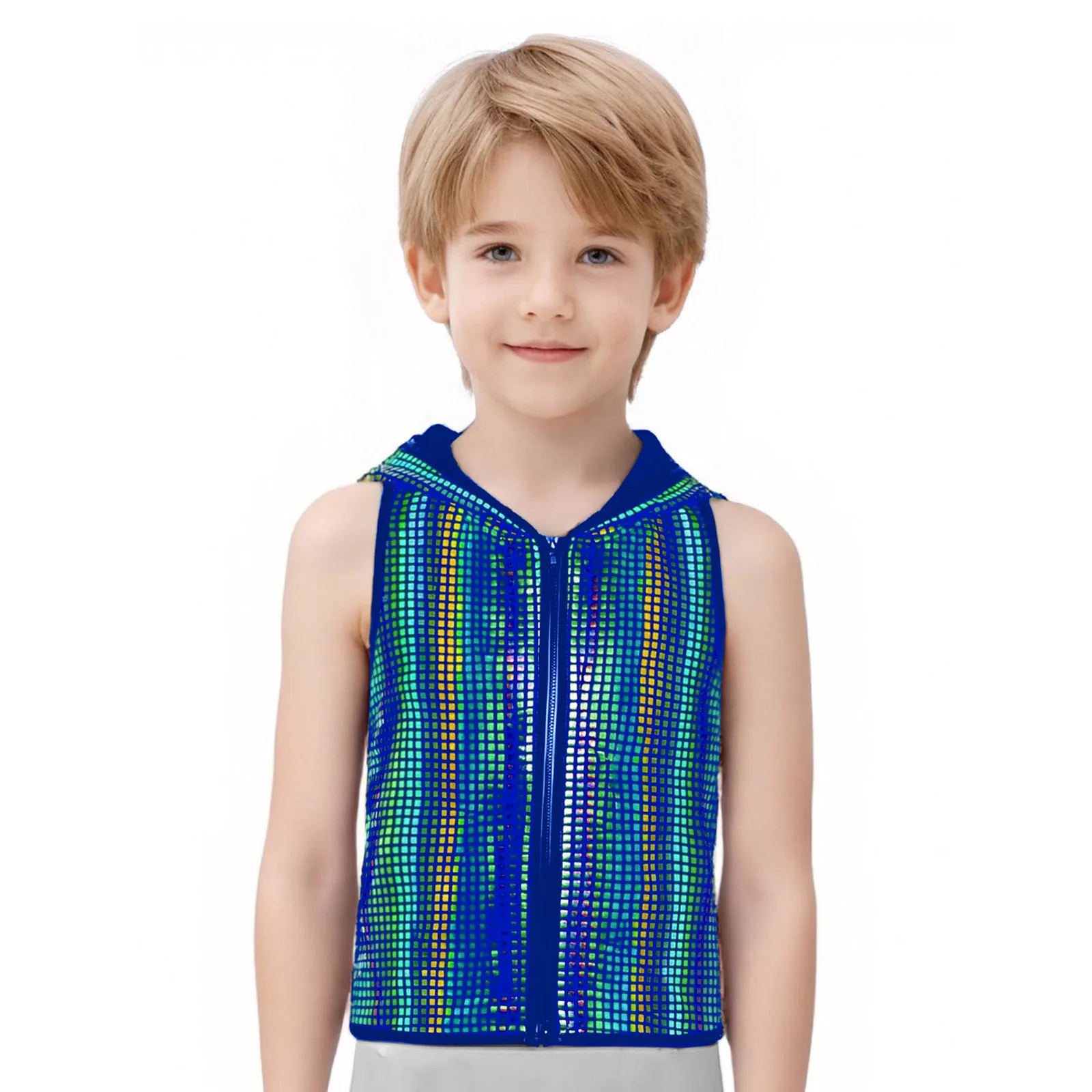 Kids Boys Girls Metallic Plaid Racer-Back Hooded Vest Top Jacket Sleeveless Zipper Waistcoat for Jazz Dance Performance Costume
Kids Boys Girls Metallic Plaid Racer-Back Hooded Vest Top Jacket Sleeveless Zipper Waistcoat for Jazz Dance Performance Costume