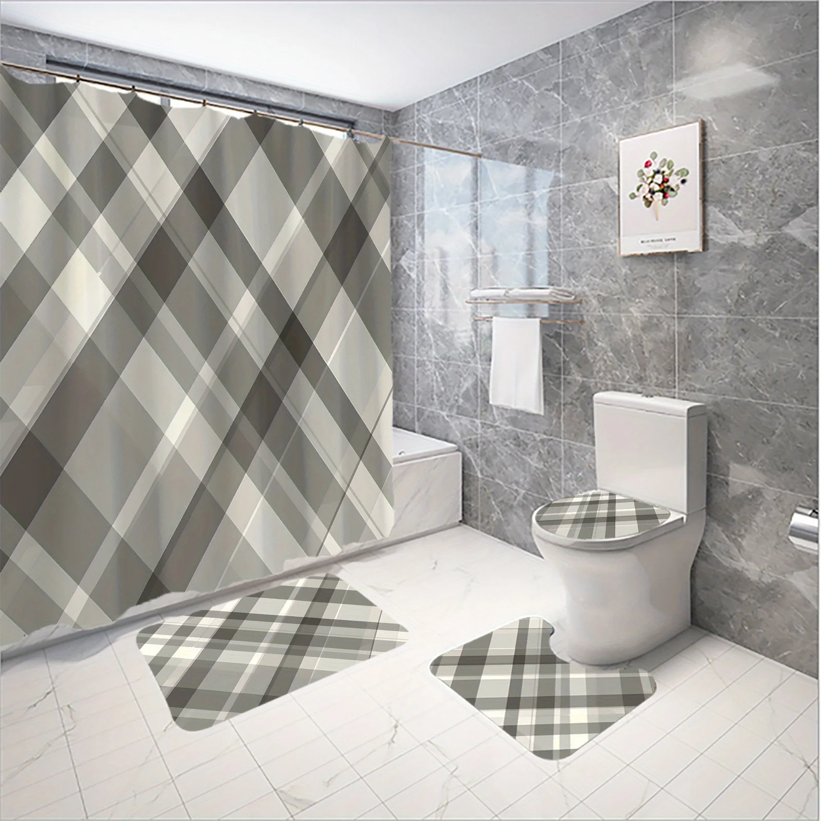 Gray Plaid Bathroom 4-Piece Set: Shower Curtain, Bath Mat, Toilet Cover, Tank Cover – Modern, Stylish and Chic Decor
Gray Plaid Bathroom 4-Piece Set: Shower Curtain, Bath Mat, Toilet Cover, Tank Cover – Modern, Stylish and Chic Decor
