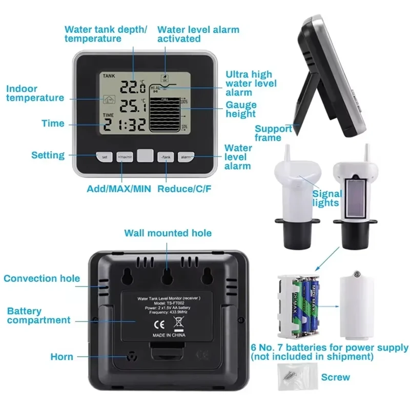 AF95-Wireless Water Level Indicator Gauge Water Tank Sensor Liquid Level Sensor Digital Thermometer Clock Water Level Meter
AF95-Wireless Water Level Indicator Gauge Water Tank Sensor Liquid Level Sensor Digital Thermometer Clock Water Level Meter