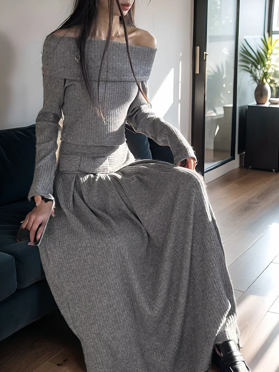Fashion Two Piece Skirt Set Women Grey Clothes Slash Neck Off Shoulder Pullovers High Waist Long Skirts Outfits Casual Knit Suit
Fashion Two Piece Skirt Set Women Grey Clothes Slash Neck Off Shoulder Pullovers High Waist Long Skirts Outfits Casual Knit Suit