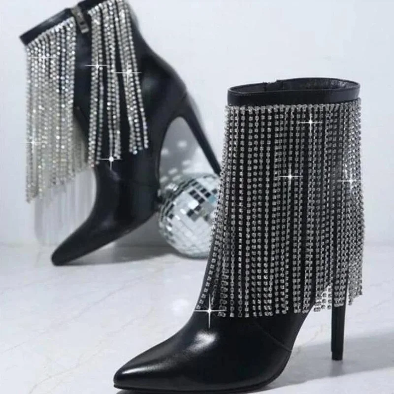 Silver Chain Fringe Booties Glittering Rhinestone Tassels Pointed Toe High Heels Black Leather Spring Autumn Ankle Boots 12CM
Silver Chain Fringe Booties Glittering Rhinestone Tassels Pointed Toe High Heels Black Leather Spring Autumn Ankle Boots 12CM