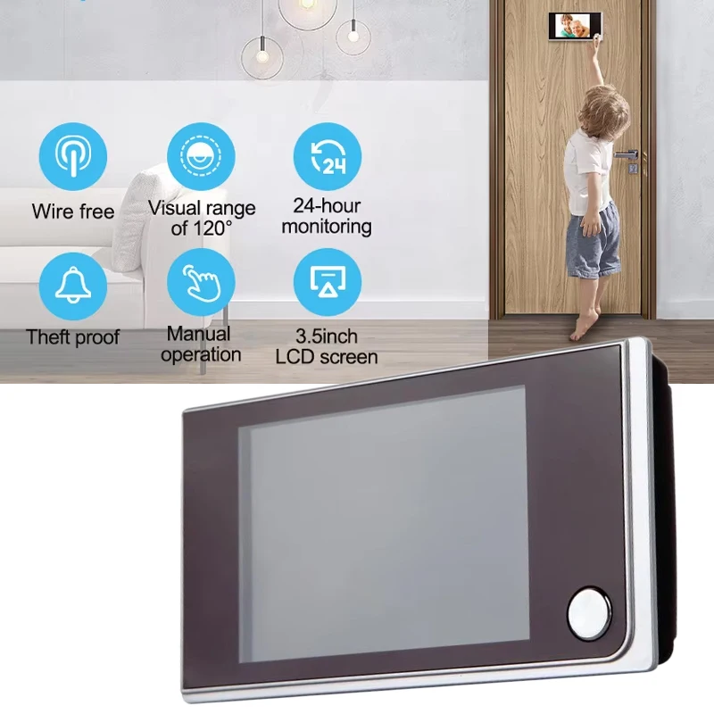 3.5 inch Digital Doorbell LCD 120 Degree Eye Electronic Peephole Doorbell Color IR Camera Door Viewer Powered by AAA Batteries
3.5 inch Digital Doorbell LCD 120 Degree Eye Electronic Peephole Doorbell Color IR Camera Door Viewer Powered by AAA Batteries
