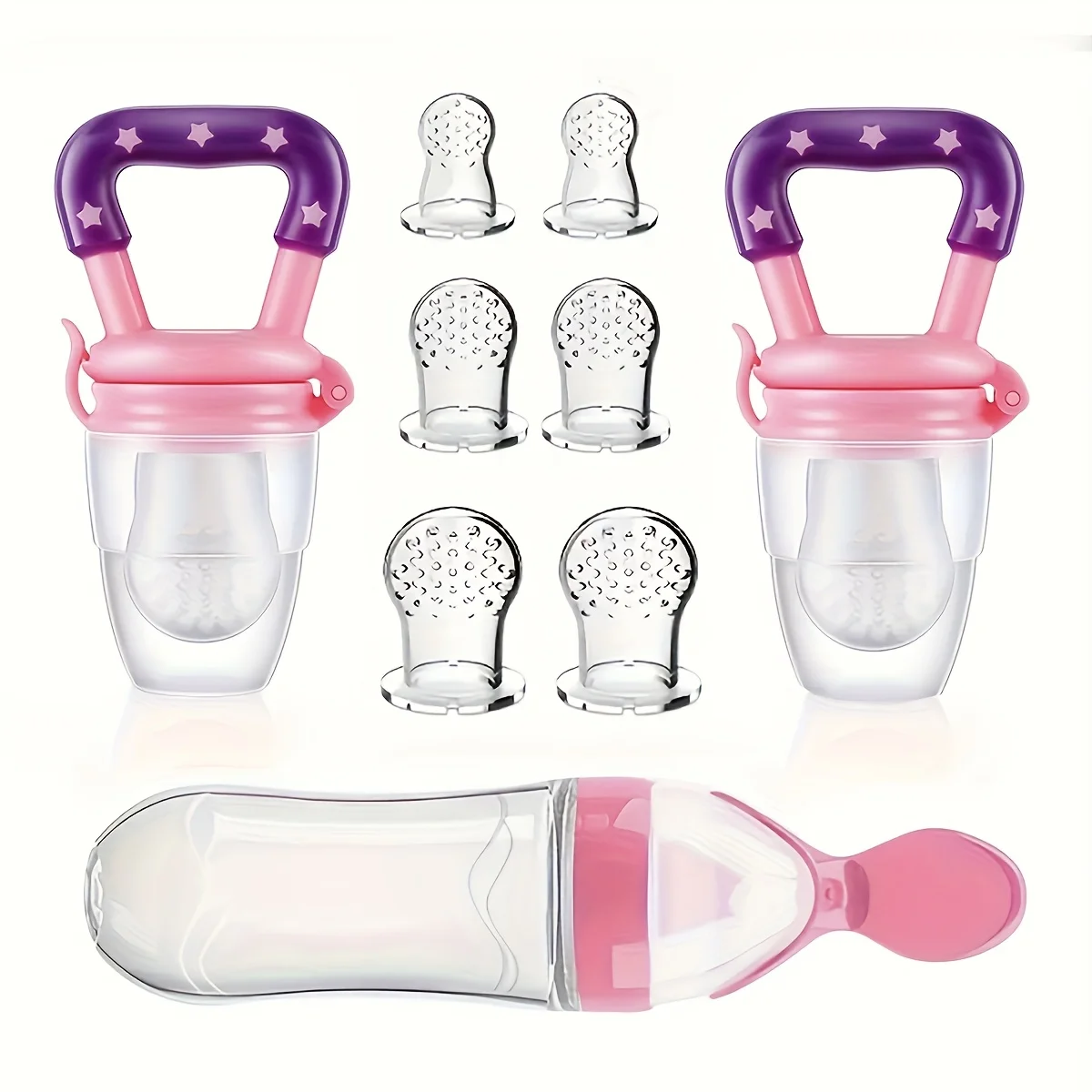 9pcs Baby Feeding Set: 1pc Silicone Squeeze Feeding Bottle With Spoon, 2pcs Fruit Feeder Pacifiers, 6pcs Mesh Pouches (2pcs S+2p
9pcs Baby Feeding Set: 1pc Silicone Squeeze Feeding Bottle With Spoon, 2pcs Fruit Feeder Pacifiers, 6pcs Mesh Pouches (2pcs S+2p