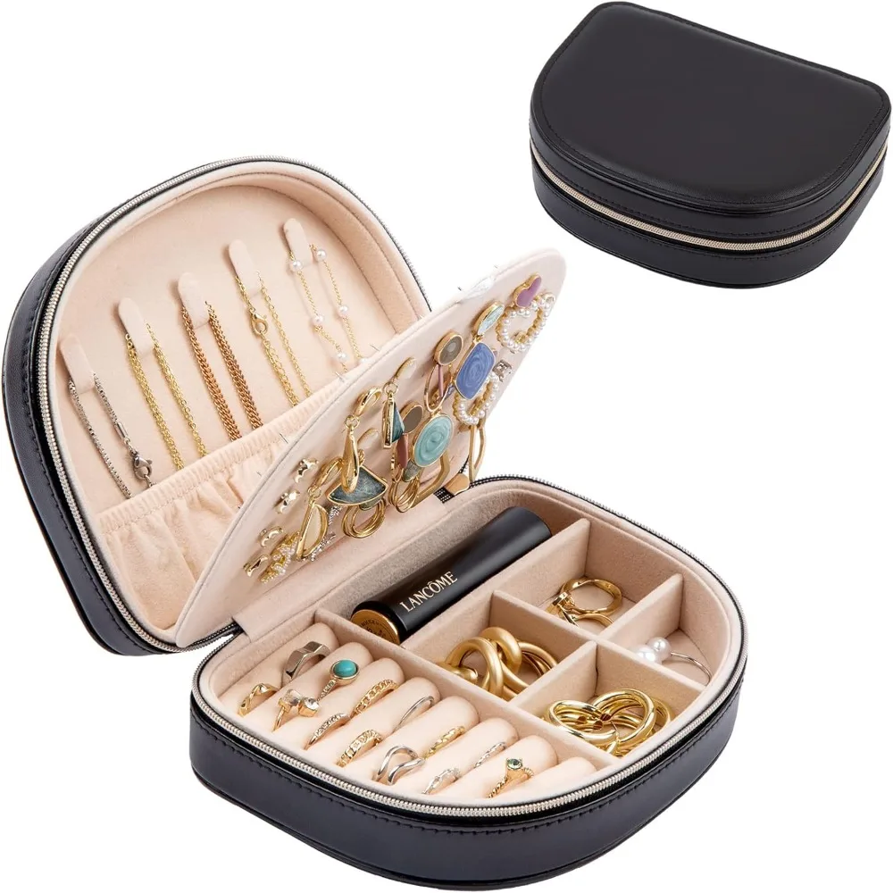 Travel Size Jewelry Box, Medium Portable Seashell-Shaped Jewelry Case, 2 Layer Jewelry Organizer in PU Leather for Women -Black
Travel Size Jewelry Box, Medium Portable Seashell-Shaped Jewelry Case, 2 Layer Jewelry Organizer in PU Leather for Women -Black