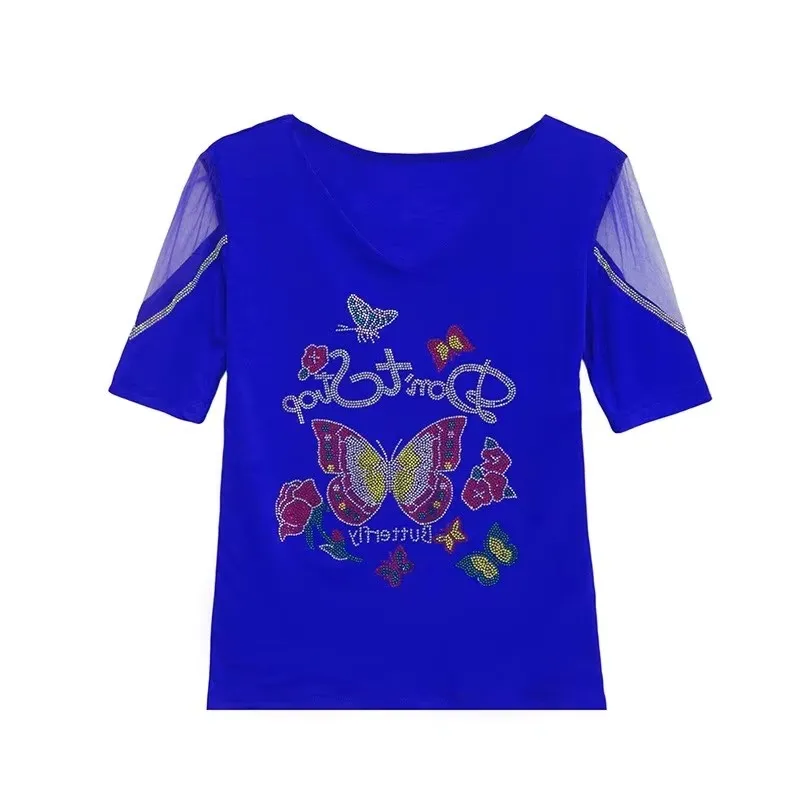 Summer Women Mesh T-Shirt Elegant V-Neck Shiny Rhinestone Women's Tops Korean Patchwork Short Sleeve Tees Blusas European Clothe
Summer Women Mesh T-Shirt Elegant V-Neck Shiny Rhinestone Women's Tops Korean Patchwork Short Sleeve Tees Blusas European Clothe