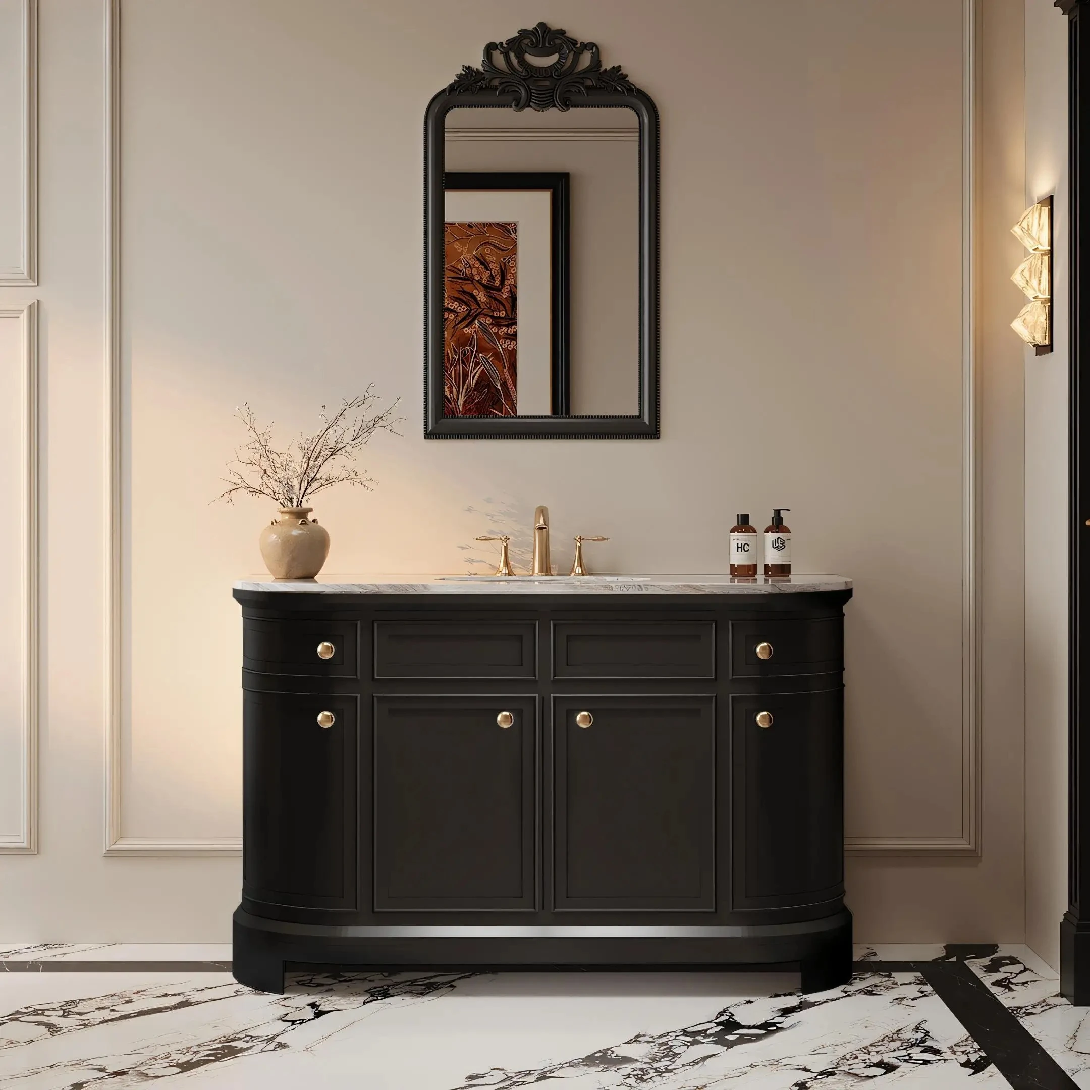 HXL retro rock slab hot bending integrated basin floor-to-ceiling rubber wood arc bathroom cabinet
HXL retro rock slab hot bending integrated basin floor-to-ceiling rubber wood arc bathroom cabinet