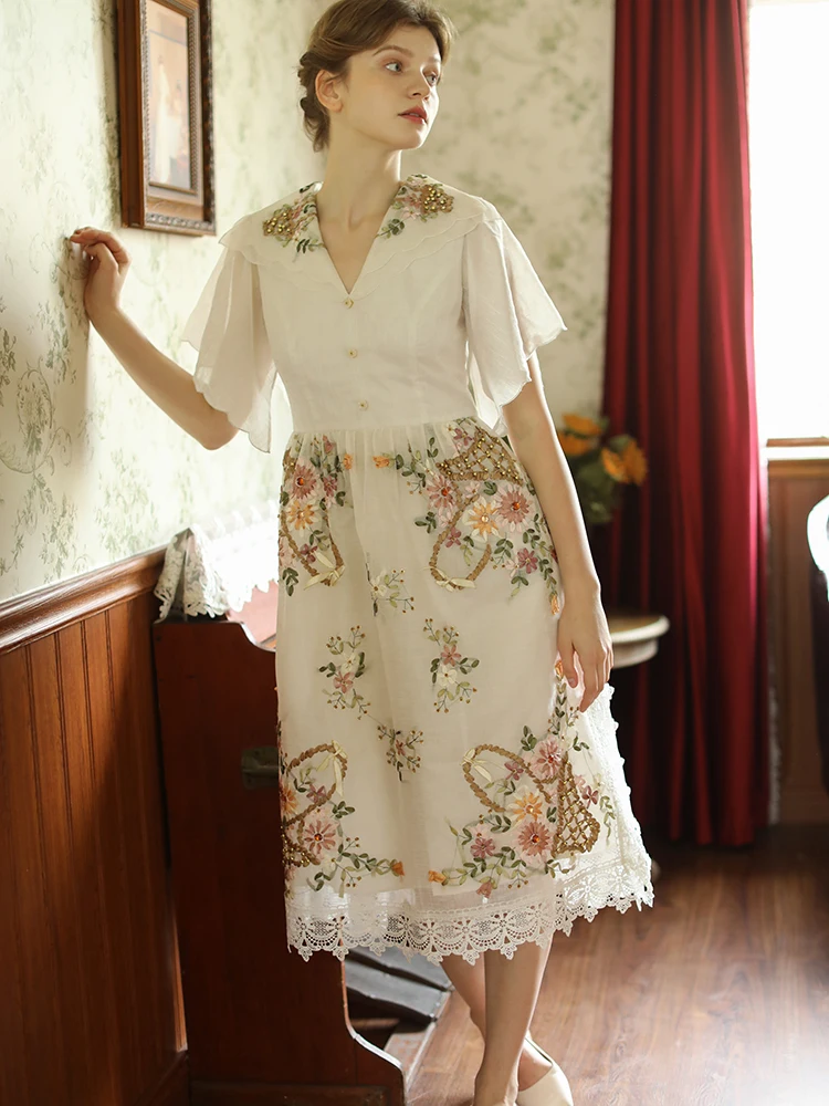 86-96cm Bust Spring Summer White Dresses Women Vintage Elegant Slim Antique Limited Edition Handmade Embroidery Beadings Dress
86-96cm Bust Spring Summer White Dresses Women Vintage Elegant Slim Antique Limited Edition Handmade Embroidery Beadings Dress