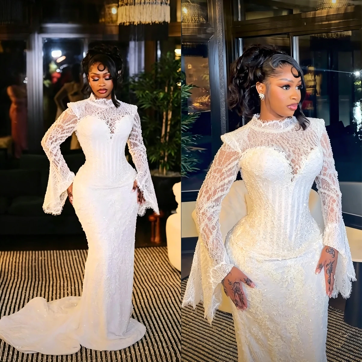 Mermaid Wedding Dress For Black Women High Neck Flare Long Sleeve Lace Beaded Corset Bridal Gown Vestido De Noiva Customized
Mermaid Wedding Dress For Black Women High Neck Flare Long Sleeve Lace Beaded Corset Bridal Gown Vestido De Noiva Customized