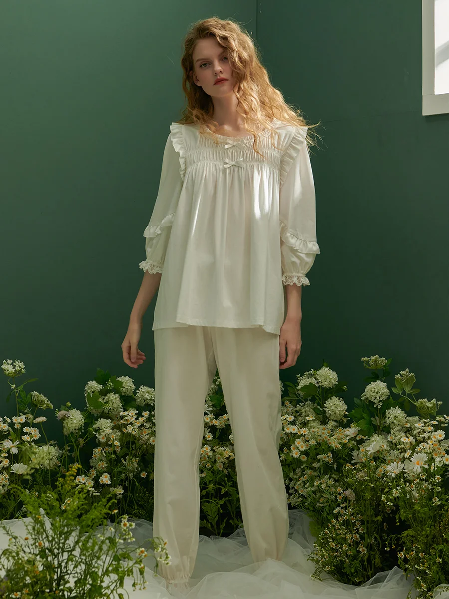 Vintage Cotton Pajamas Sets For Women Lace Three Quarter Sleeve Summer Spring Loose Sleepwear Comfortable Homewear
Vintage Cotton Pajamas Sets For Women Lace Three Quarter Sleeve Summer Spring Loose Sleepwear Comfortable Homewear