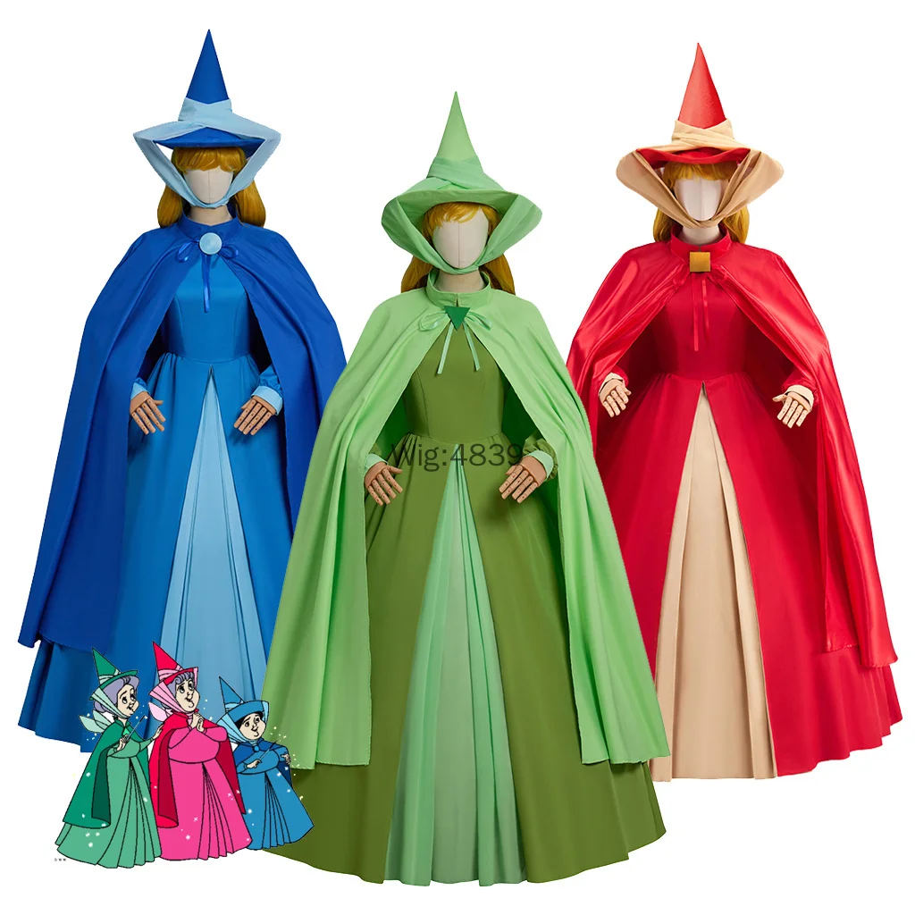 Halloween Costume Good Fairy Flora Fauna Merryweather 3 Colors Cosplay Costume Ball Gown With Hat Set Women Performance Dress
Halloween Costume Good Fairy Flora Fauna Merryweather 3 Colors Cosplay Costume Ball Gown With Hat Set Women Performance Dress