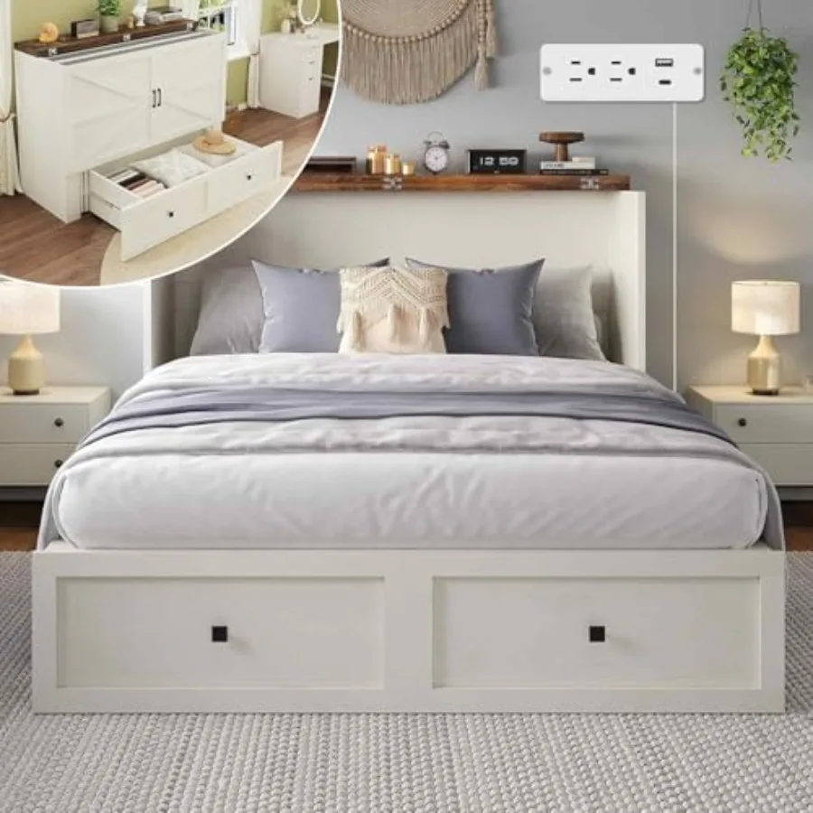 Murphy Bed with Charging Station, Queen Size Cabinet Bed with Large Storage Drawer for Home Office or Small Room, Hideaway Fold
Murphy Bed with Charging Station, Queen Size Cabinet Bed with Large Storage Drawer for Home Office or Small Room, Hideaway Fold