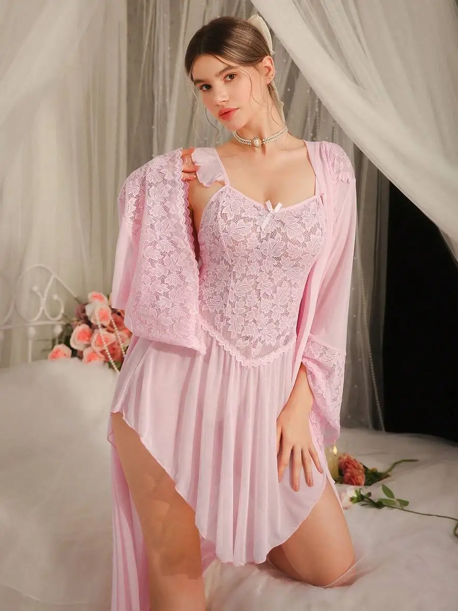 Womens Sheer Lace Nightgown With Tie-Up Robe Sleepwear Set
Womens Sheer Lace Nightgown With Tie-Up Robe Sleepwear Set