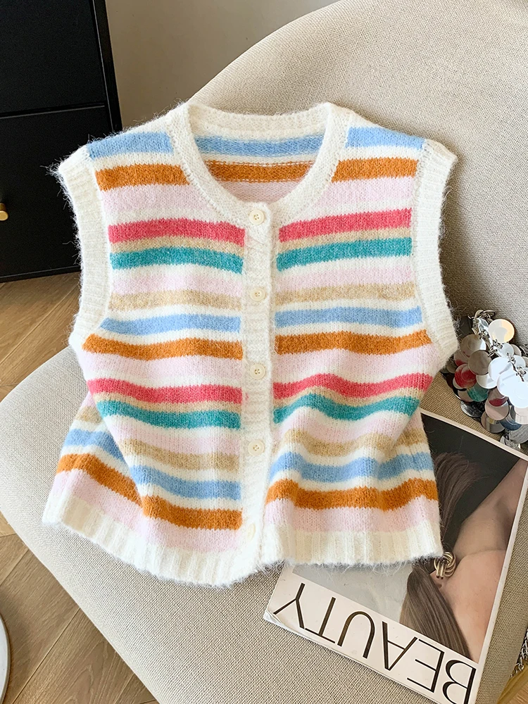 Stripe Knitted Vests for Women Autumn Winter New Korean Style Color Personalized Sleeveless Tops O-neck Single Breasted Coat
Stripe Knitted Vests for Women Autumn Winter New Korean Style Color Personalized Sleeveless Tops O-neck Single Breasted Coat