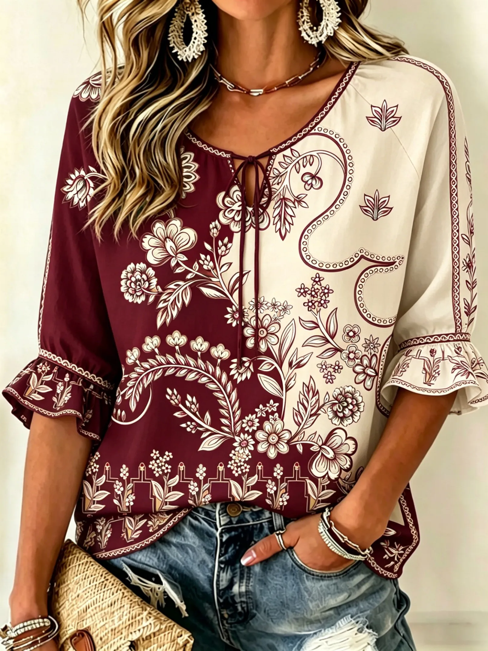 Women's Two-Tone Boho Floral Print Tie Front Blouse, Casual Loose Top for Spring Summer Daily Wear
Women's Two-Tone Boho Floral Print Tie Front Blouse, Casual Loose Top for Spring Summer Daily Wear