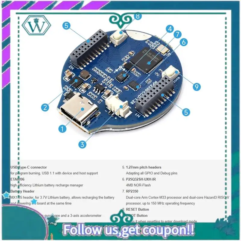 Upgraded RP2350-LCD-1.28-B Pico 2 RP2350 MCU Board With 1.28Inch Round LCD, Dual-Core & Dual-Architecture Design, 240X240 Pixels
Upgraded RP2350-LCD-1.28-B Pico 2 RP2350 MCU Board With 1.28Inch Round LCD, Dual-Core & Dual-Architecture Design, 240X240 Pixels