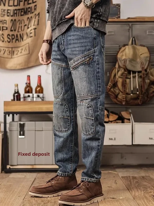 Синие джинсовые джинсы, мужские повседневные прямые брюки в стиле ретро для отдыха, мотоциклетные брюки с трехмерной нашивкой, рабочая одежда на молнии со средней талией
Синие джинсовые джинсы, мужские повседневные прямые брюки в стиле ретро для отдыха, мотоциклетные брюки с трехмерной нашивкой, рабочая одежда на молнии со средней талией