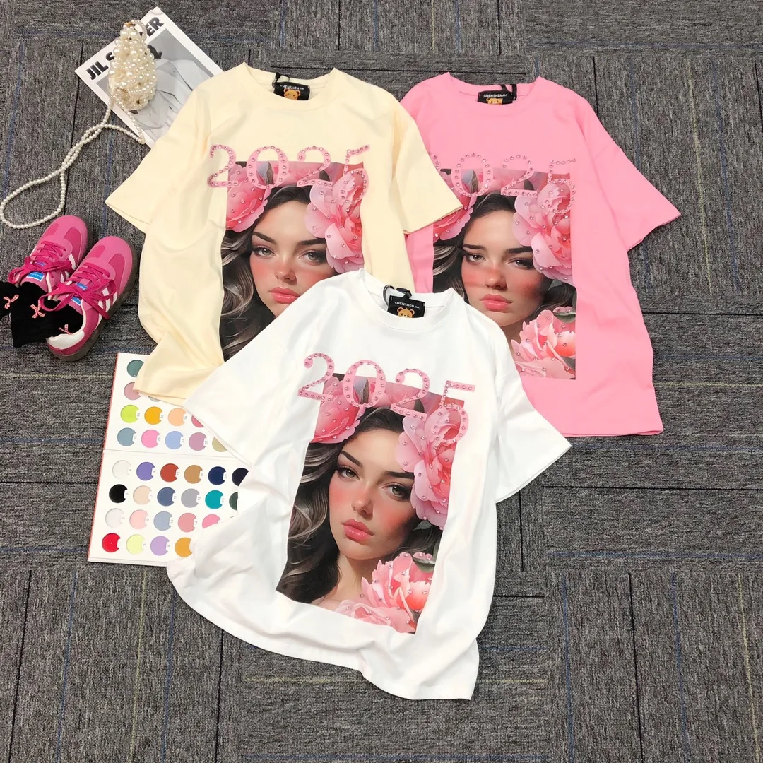 2025 New Spring Summer Character Print Diamonds Women Tshirts Mid-long Loose Pullover Top Round Neck Casual Cotton Basic T-shirt
2025 New Spring Summer Character Print Diamonds Women Tshirts Mid-long Loose Pullover Top Round Neck Casual Cotton Basic T-shirt