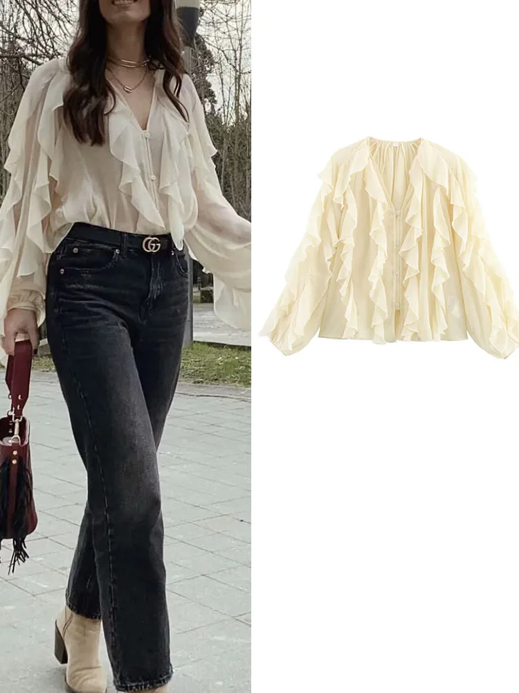 Women Summer Blouses Shirts Tops 2025 Fashion Solid Loose Chiffon V-Neck Cascading Ruffle Female Elegant Street Top Clothing
Women Summer Blouses Shirts Tops 2025 Fashion Solid Loose Chiffon V-Neck Cascading Ruffle Female Elegant Street Top Clothing