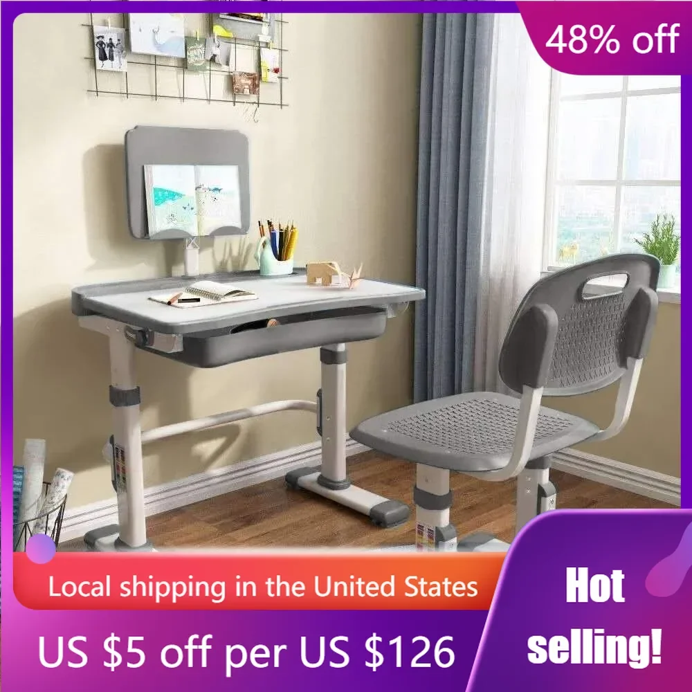 Kids Desk and Chair Set, Height Adjustable Children School Desk with Tilt Desktop, LED Lamp, Metal Hook and Storage Drawer
Kids Desk and Chair Set, Height Adjustable Children School Desk with Tilt Desktop, LED Lamp, Metal Hook and Storage Drawer