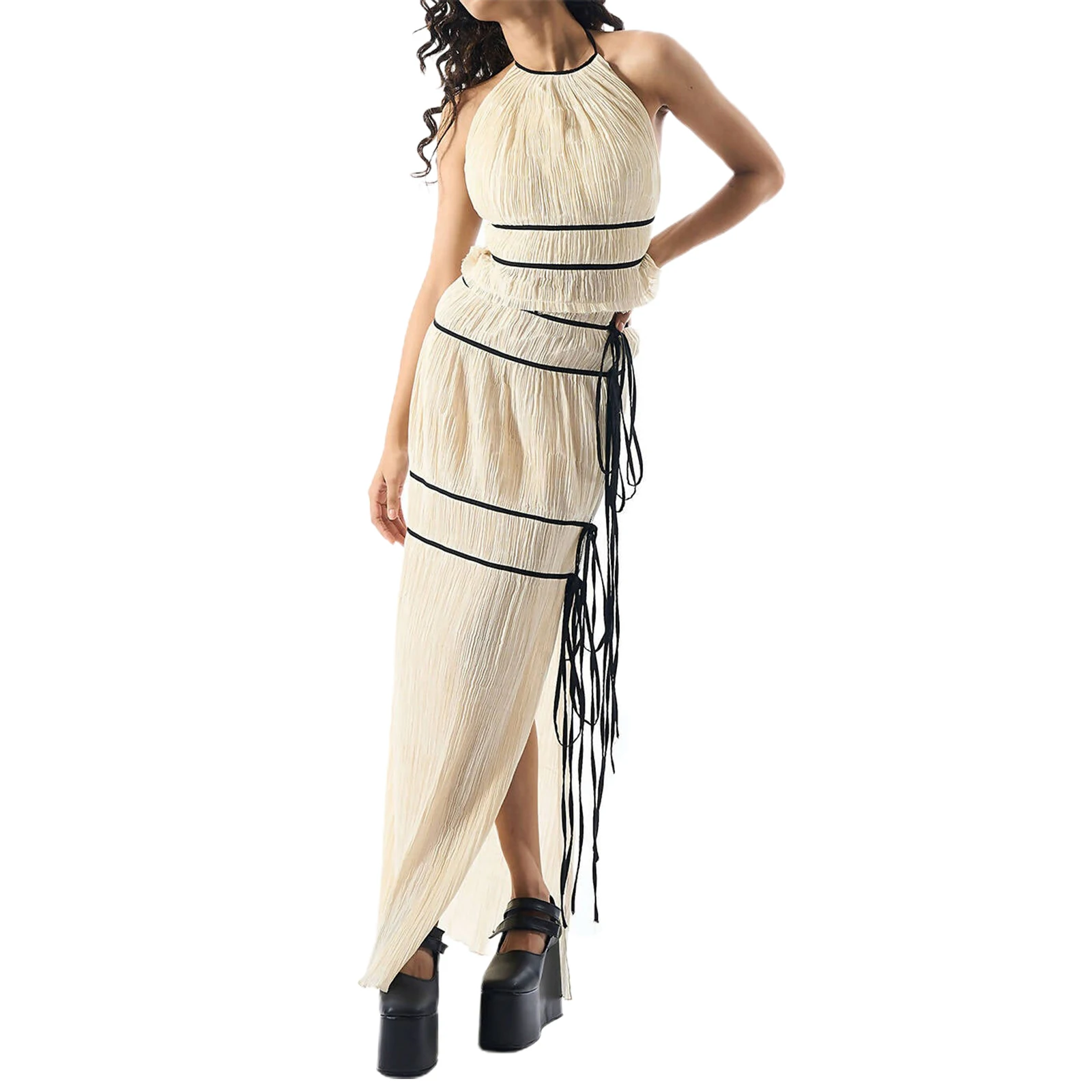 Summer Women Fashion 2Pcs Outfit Sleeveless Tie-up Halterneck Backless Vest with Slit Long Skirt Set
Summer Women Fashion 2Pcs Outfit Sleeveless Tie-up Halterneck Backless Vest with Slit Long Skirt Set