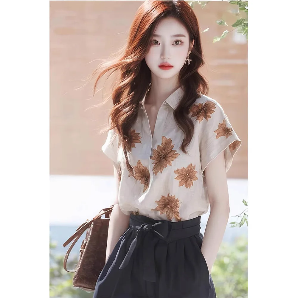 Ladies Linen Blend Floral Print Shirt Short Sleeve Loose Blouse For Office & Casual Wear
Ladies Linen Blend Floral Print Shirt Short Sleeve Loose Blouse For Office & Casual Wear