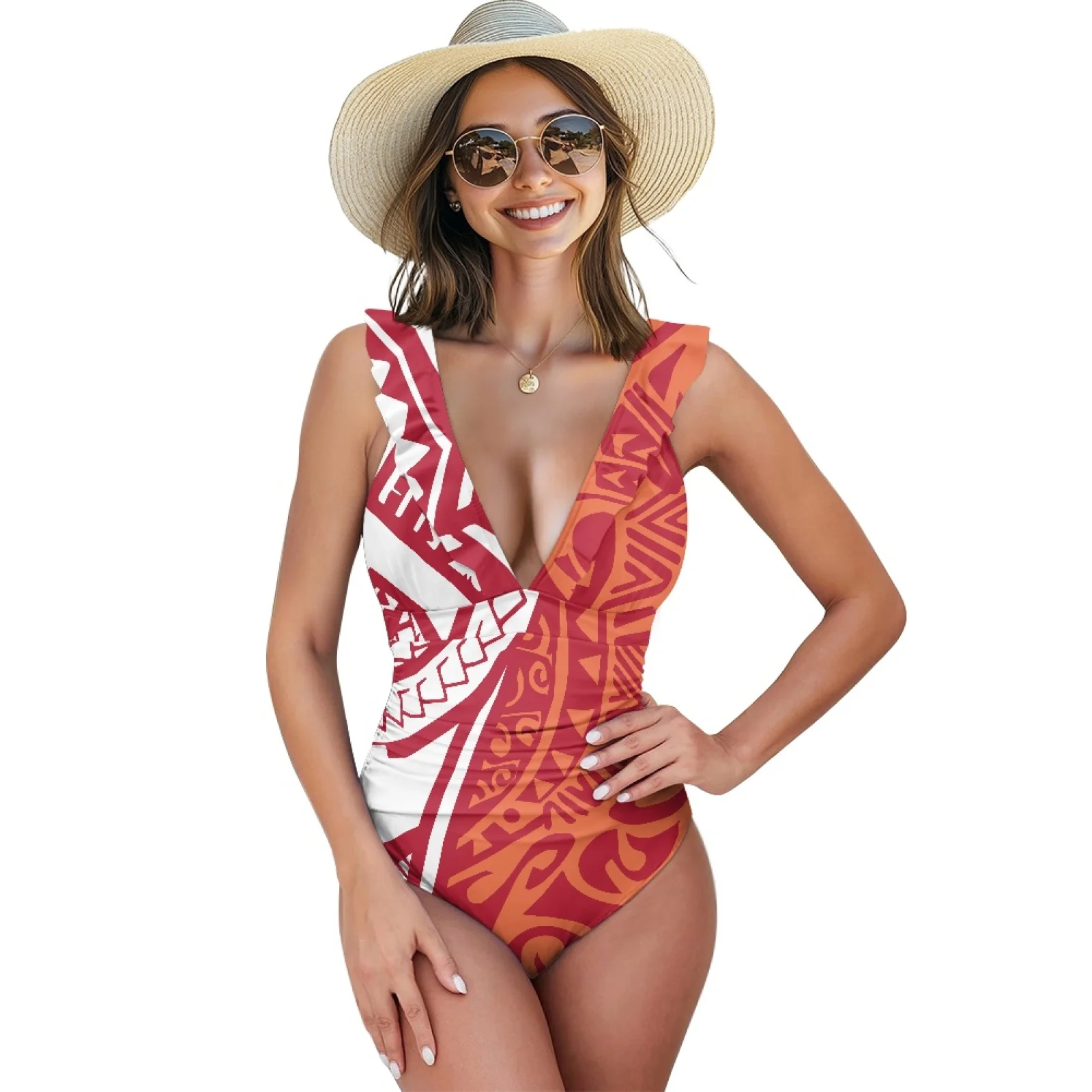Polynesian Tribal Totem Tattoo Tonga Prints V Neck Swimwear Vintage One Piece Swimsuit Women's Double Ruffle One-Piece Swimsuit
Polynesian Tribal Totem Tattoo Tonga Prints V Neck Swimwear Vintage One Piece Swimsuit Women's Double Ruffle One-Piece Swimsuit