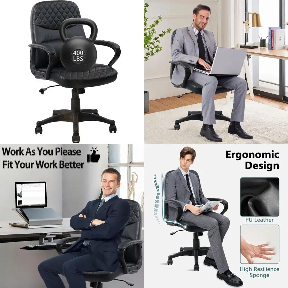 Executive High-Back Swivel Chair, 400 lbs Capacity, Adjustable Height with Armrests, Soft Cushion, Black
Executive High-Back Swivel Chair, 400 lbs Capacity, Adjustable Height with Armrests, Soft Cushion, Black