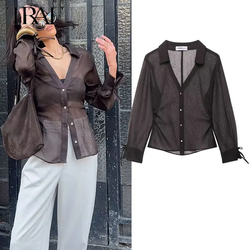 TRAF Sexy Shirts Women Through V Neck Single Breasted Long Sleeves Slim Shirt Female 2025 Spring High Summer Street Lady
TRAF Sexy Shirts Women Through V Neck Single Breasted Long Sleeves Slim Shirt Female 2025 Spring High Summer Street Lady