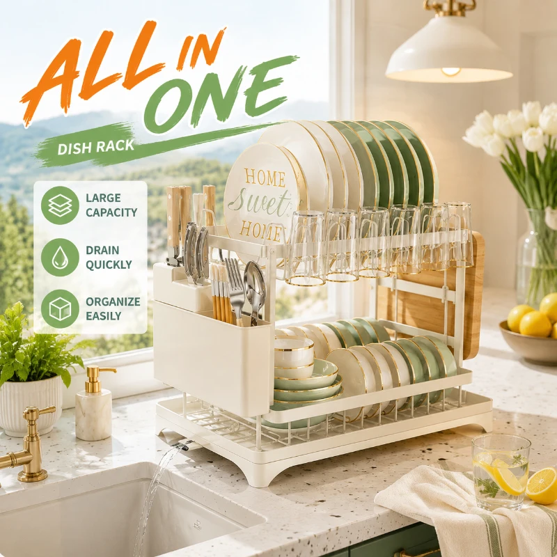 Compact Rustproof Double Tier Dish Drainer, Built-in Drain Base & Holder for Kitchen Tableware Storage