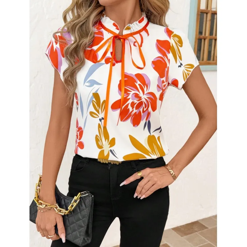 2026 Fashion Elegant Women's Shirt Blouse Versatile Short Sleeve Shirt Bow Lace-upround Neck Tie Dye Print Casual Loose Fit Tops
2026 Fashion Elegant Women's Shirt Blouse Versatile Short Sleeve Shirt Bow Lace-upround Neck Tie Dye Print Casual Loose Fit Tops