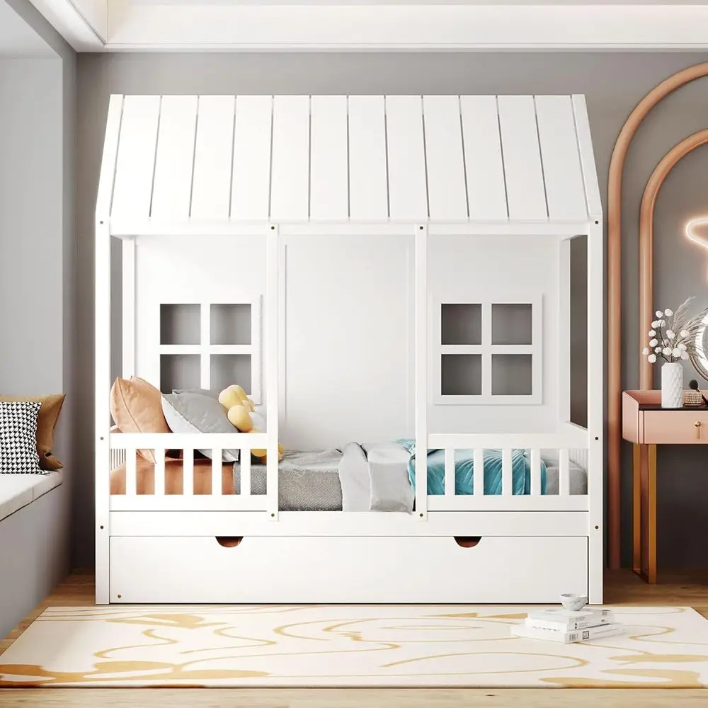 White Twin Platform Bed with Trundle and Window, Kids Bed with Rails
White Twin Platform Bed with Trundle and Window, Kids Bed with Rails