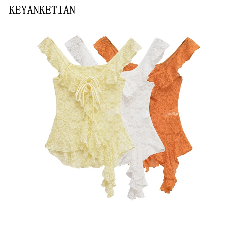 KEYANKETIAN 2025 Summer New Sweet style Tiered Asymmetrical Lace Top Bow Lace Up Decoration Women's Sheath Transparent Pullover
KEYANKETIAN 2025 Summer New Sweet style Tiered Asymmetrical Lace Top Bow Lace Up Decoration Women's Sheath Transparent Pullover