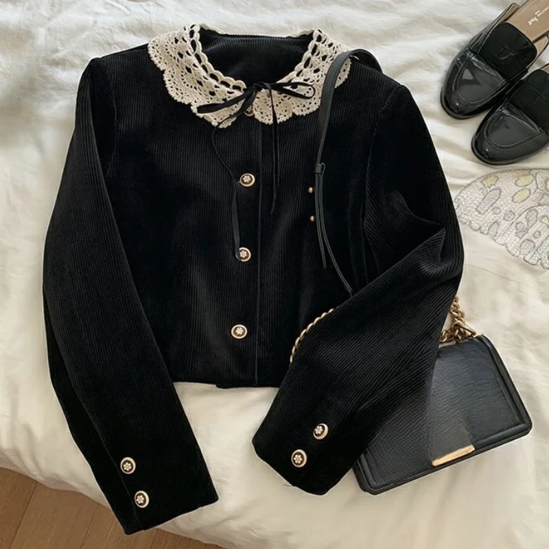 2025 Spring Fall Women Lace Patchwork Black Corduroy Jacket Coat , Woman Clothing Korean Casual Vintage Short Coats Jackets
2025 Spring Fall Women Lace Patchwork Black Corduroy Jacket Coat , Woman Clothing Korean Casual Vintage Short Coats Jackets