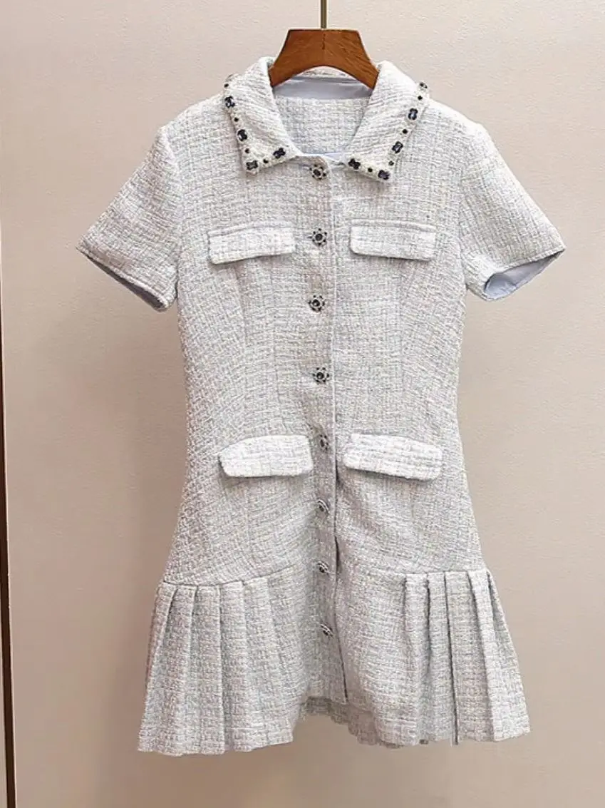 Spring/Summer Women Turn-down Collar Tweed Short Sleeve Rhinestone Solid Mini Dress High Waist A-line Single Breasted Skirt
Spring/Summer Women Turn-down Collar Tweed Short Sleeve Rhinestone Solid Mini Dress High Waist A-line Single Breasted Skirt
