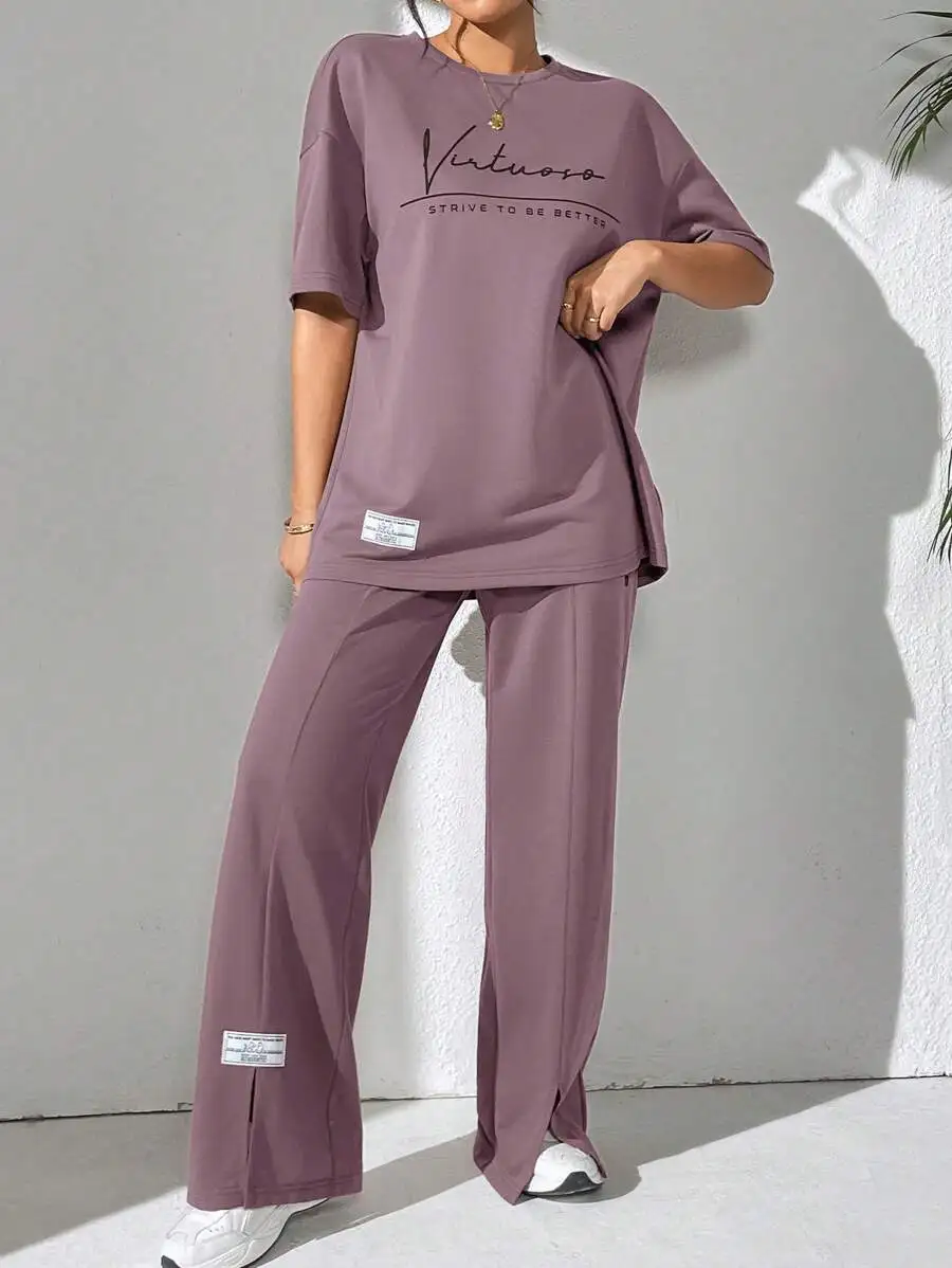 Womens Summer Slogan Print Dropped Shoulder T-Shirt And Casual Pants 2pcs Set Lounge Outfit
Womens Summer Slogan Print Dropped Shoulder T-Shirt And Casual Pants 2pcs Set Lounge Outfit
