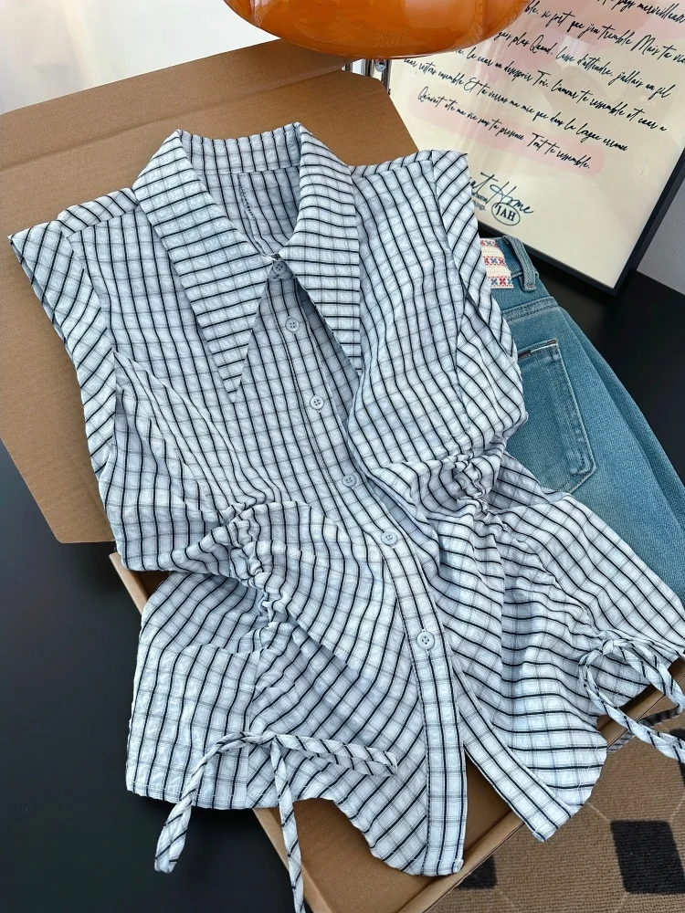 Korean Fashion Plaid Shirt Women's Summer New Style Design Drawstring Pleated Sleeveless Open Cardigan Top Waist Shaping
Korean Fashion Plaid Shirt Women's Summer New Style Design Drawstring Pleated Sleeveless Open Cardigan Top Waist Shaping