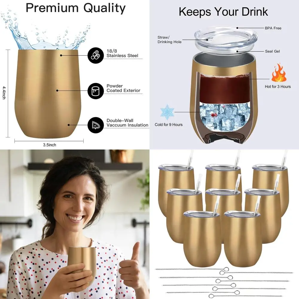 Set of 8 - 12oz Insulated Stainless Steel Wine Tumblers with Lids, Gold Stemless Cups for Coffee, Wine, Champagne
Set of 8 - 12oz Insulated Stainless Steel Wine Tumblers with Lids, Gold Stemless Cups for Coffee, Wine, Champagne
