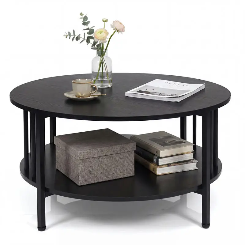 2-Tier Round Coffee Table with Storage Shelf and Metal Accents in Black Walnut-Black
2-Tier Round Coffee Table with Storage Shelf and Metal Accents in Black Walnut-Black