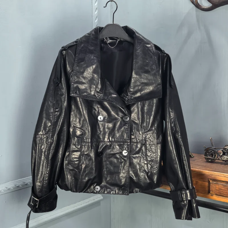 Haening Winter New Sle Women's Loose Double Collar Double Row Buttoned Cowhide Leather Jaet ort Length Casual Faion
Haening Winter New Sle Women's Loose Double Collar Double Row Buttoned Cowhide Leather Jaet ort Length Casual Faion