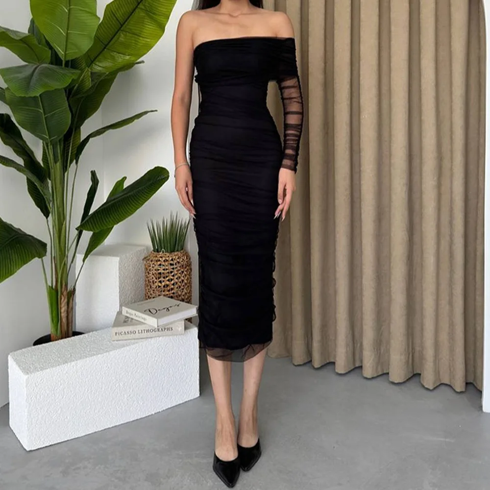 Exquisite One Shoulder Tulle Evening Dresses Temperament Straight Knee Length Strapless Long Sleeves Special Occasion Gowns
Exquisite One Shoulder Tulle Evening Dresses Temperament Straight Knee Length Strapless Long Sleeves Special Occasion Gowns